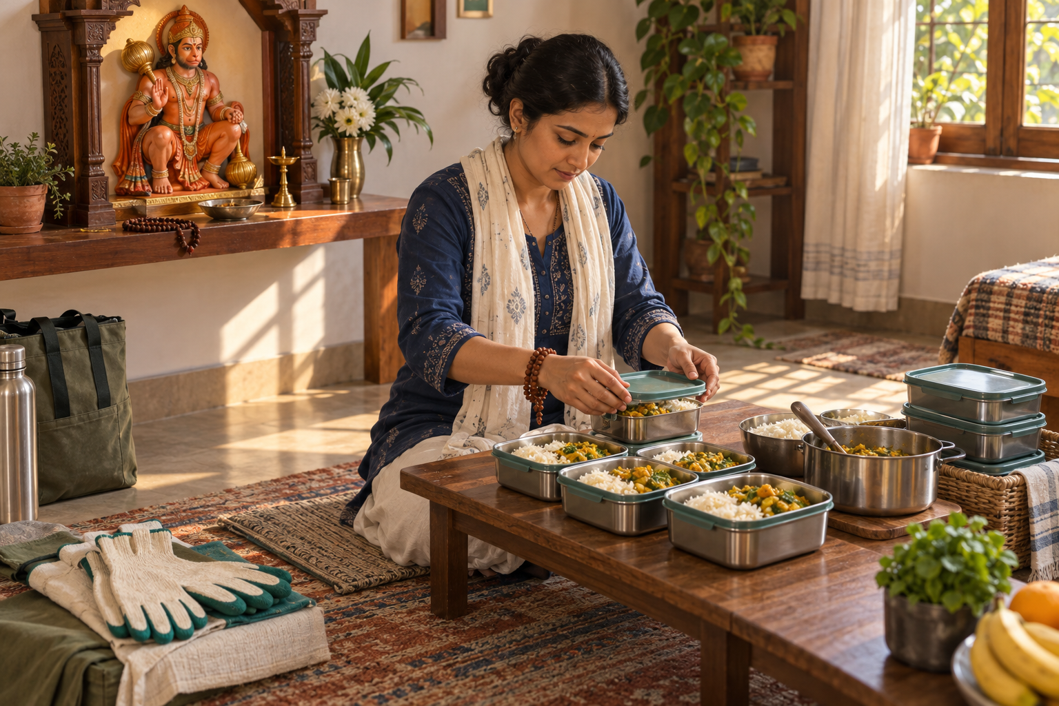 A devotee packs cooked meals for community service beside prayer beads and a small Hanuman shrine in a sunlit room.