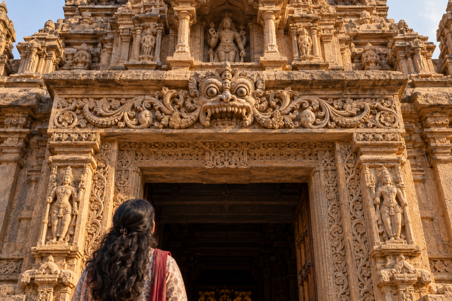 A visitor looks up at a bodiless Kirtimukha carved above a temple doorway, with foliage scrolls extending from its open mouth.