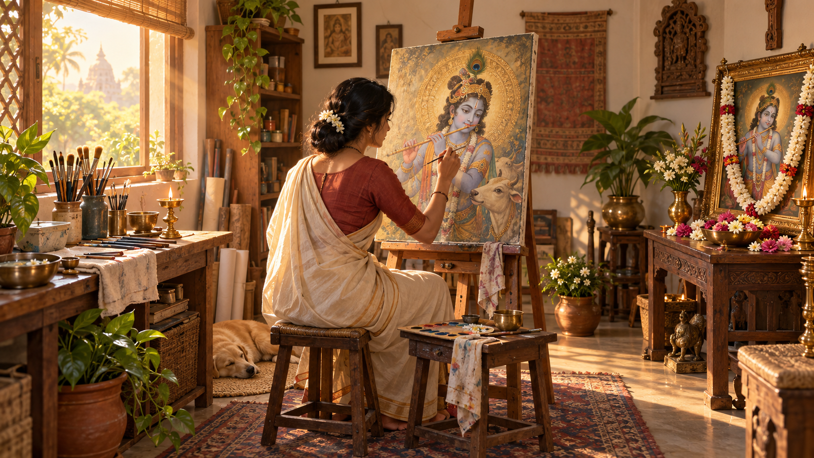 A devotional art studio contains prepared brushes, an artist working at an easel, and a completed sacred image placed beside fresh flowers.