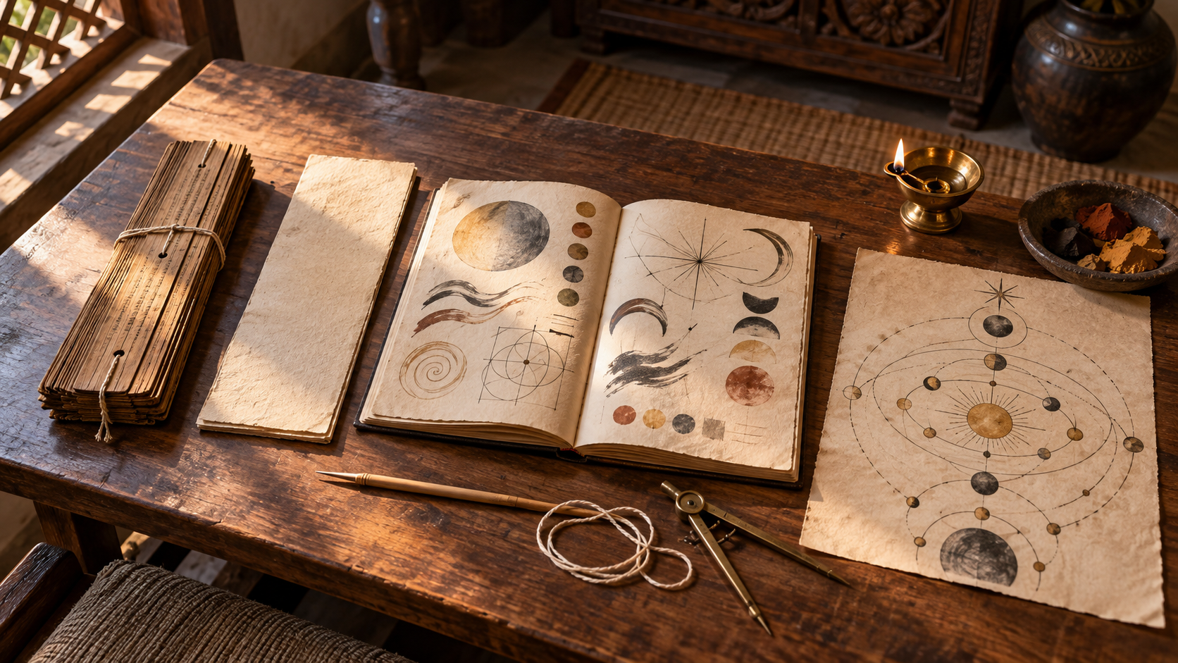 A palm-leaf manuscript, separate folio, scholar's notebook, and unlabeled cosmological drawing rest apart on a wooden study table.