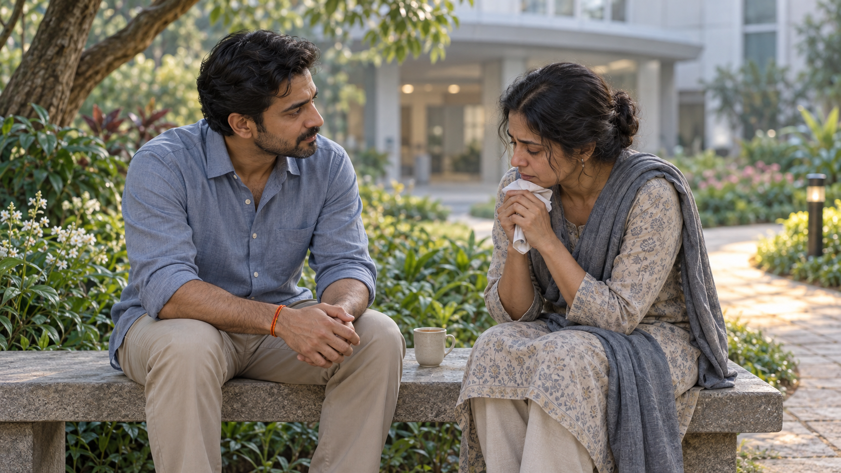 Two adults sit together in a hospital garden, where one listens compassionately as the other grieves.