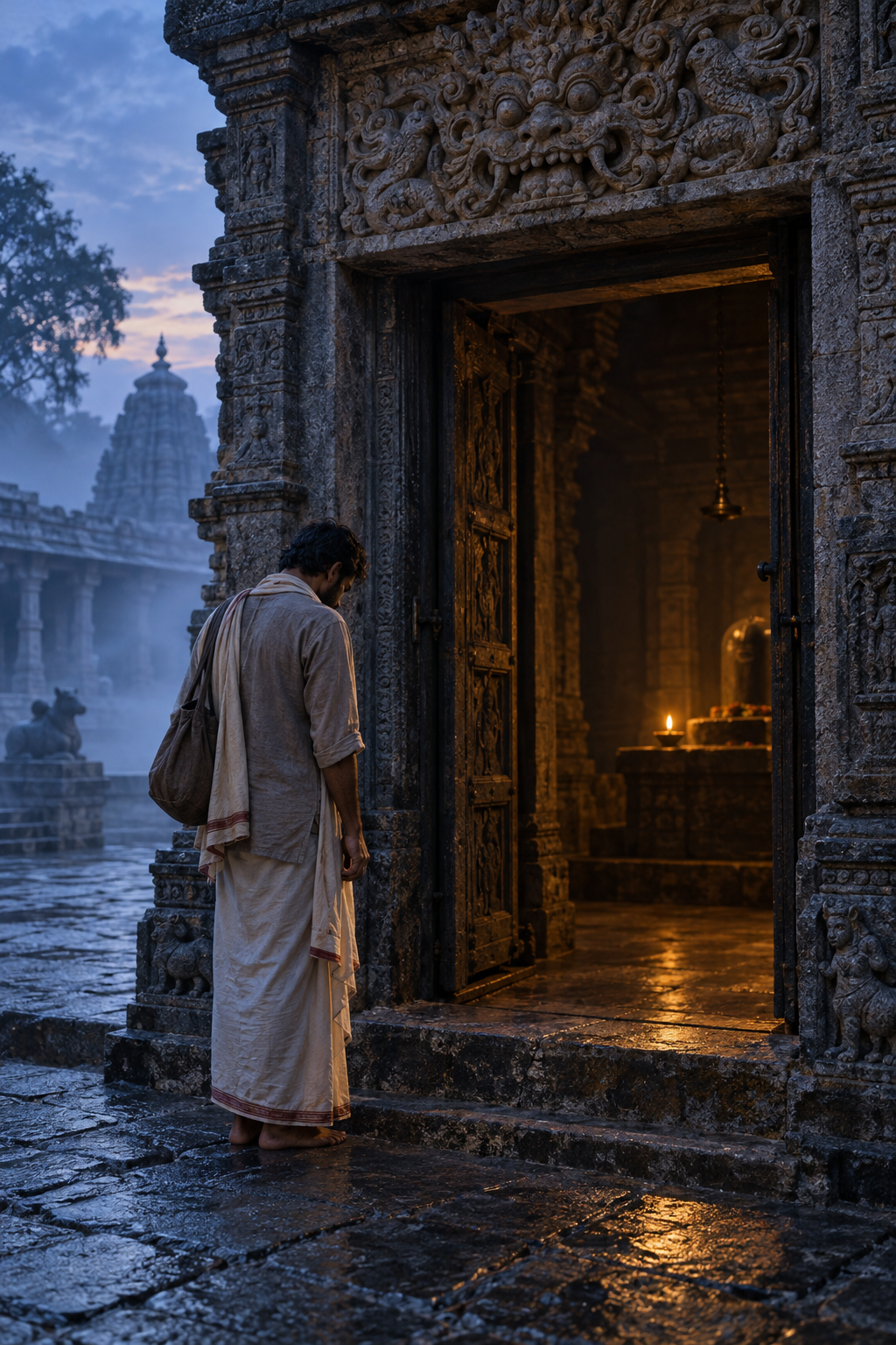 A pilgrim pauses in reflection beneath a Kirtimukha carving before crossing from a blue dawn courtyard into a lamp-lit temple.