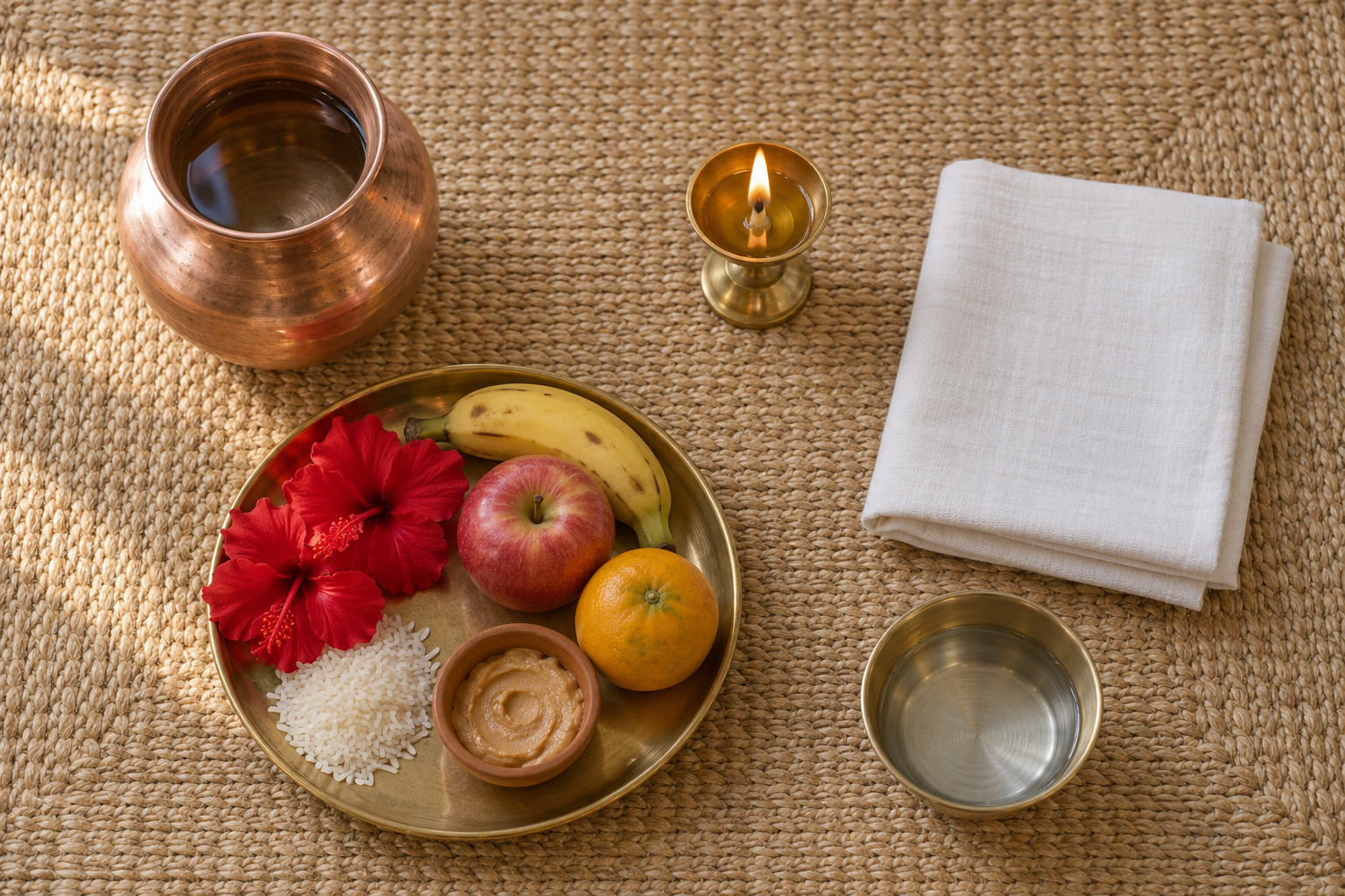 A simple home worship arrangement includes a copper water vessel, a lit brass lamp, red flowers, rice, sandalwood paste, and fruit.