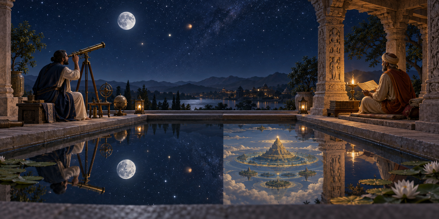 An astronomer with a telescope and a manuscript reader study beneath the same night sky beside a reflecting pool.
