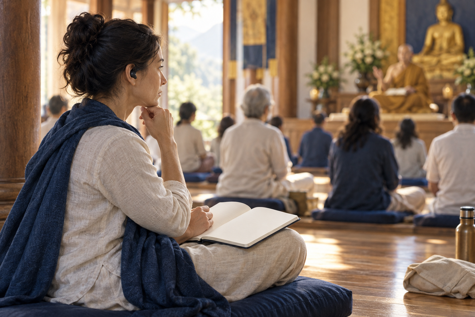 A seated listener follows a temple class attentively while keeping an open notebook nearby.