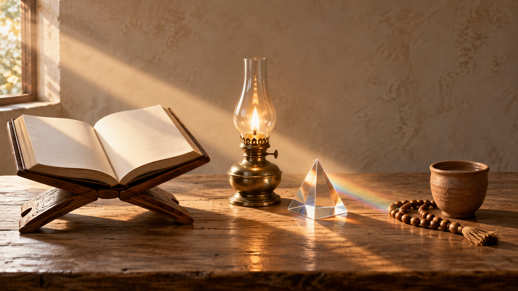 An open book, a lit oil lamp, and prayer beads are arranged in three separate areas connected by morning light.