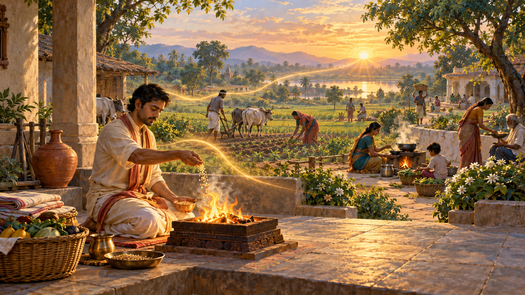 A householder offers grain into a small ritual fire in a dawn courtyard surrounded by tools, food, and scenes of family and community work.