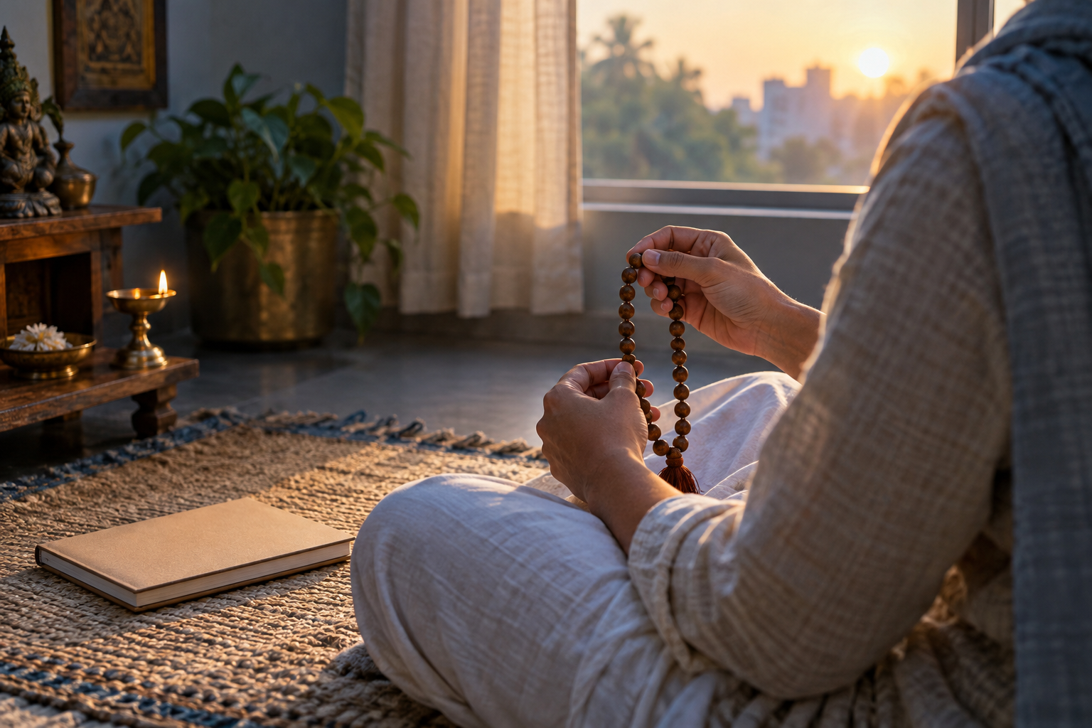 A devotee sits beside a dawn-lit window and practices meditation with wooden prayer beads.