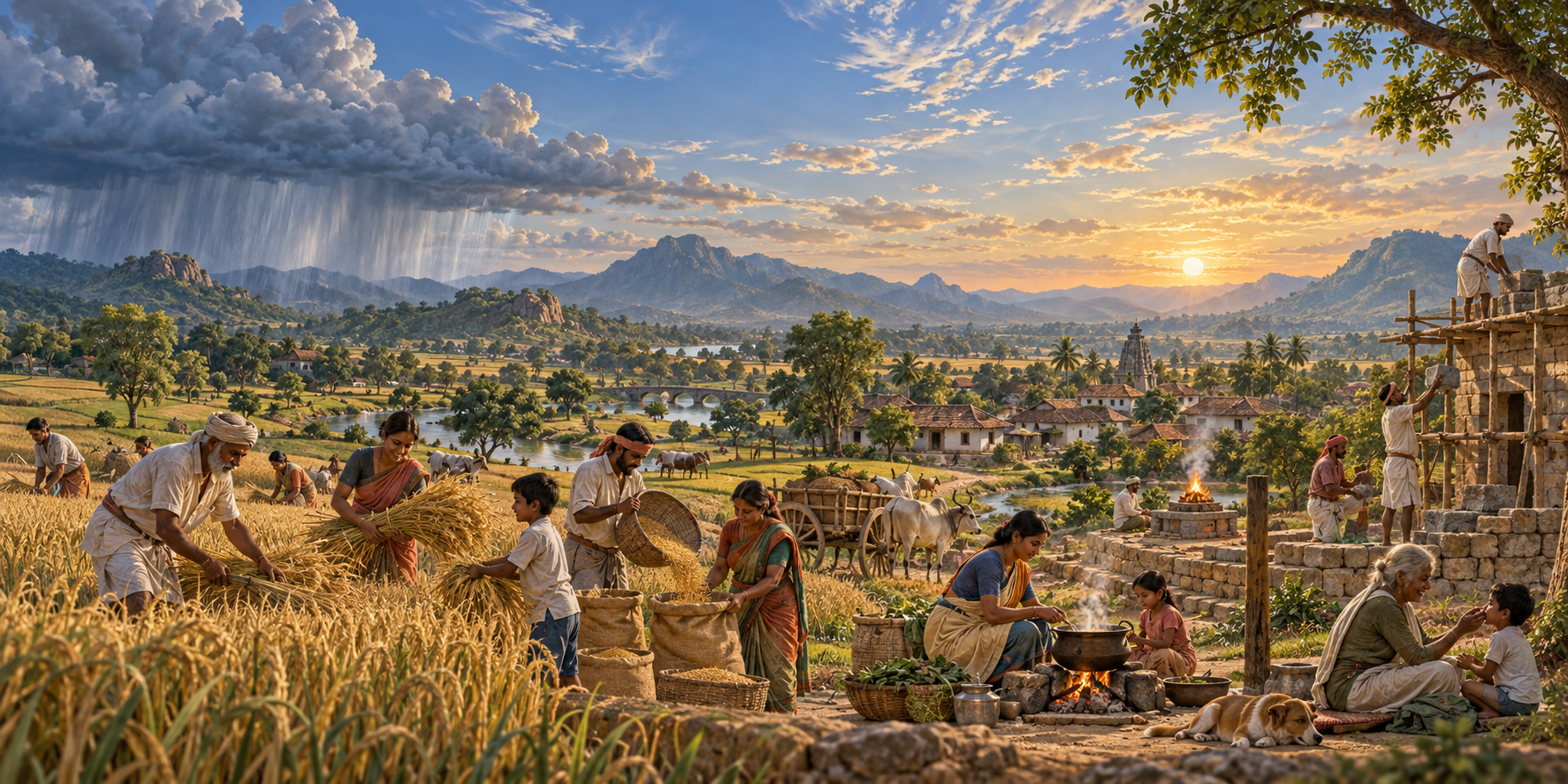 Rain falls on fields where grain is harvested as villagers cook, build, care for others, and gather near a small ceremonial fire beneath an open sky.