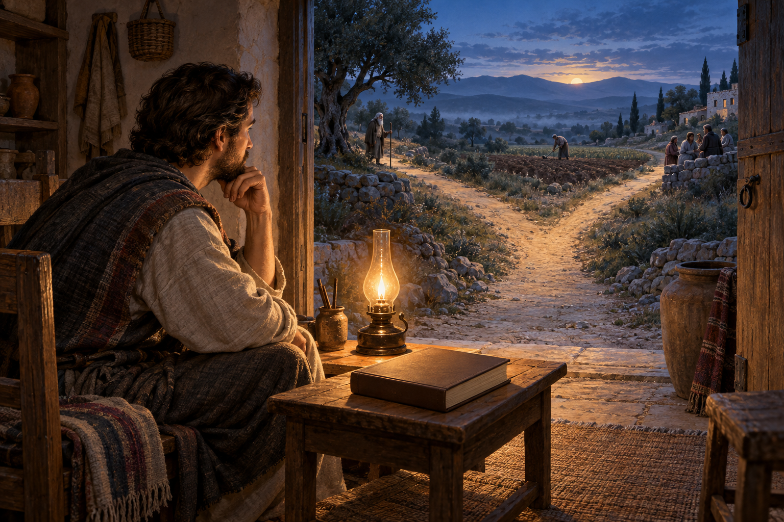 A seated person reflects beside a closed unmarked book and an oil lamp that illuminates two paths leading toward different responsibilities.