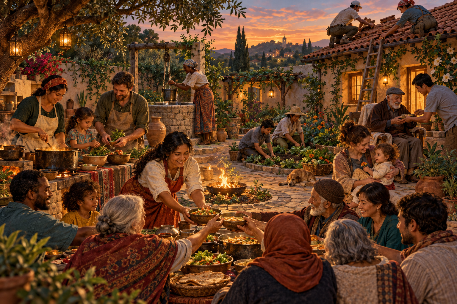 People cook, garden, repair, carry water, and care for one another around a small flame as they prepare a meal to share.