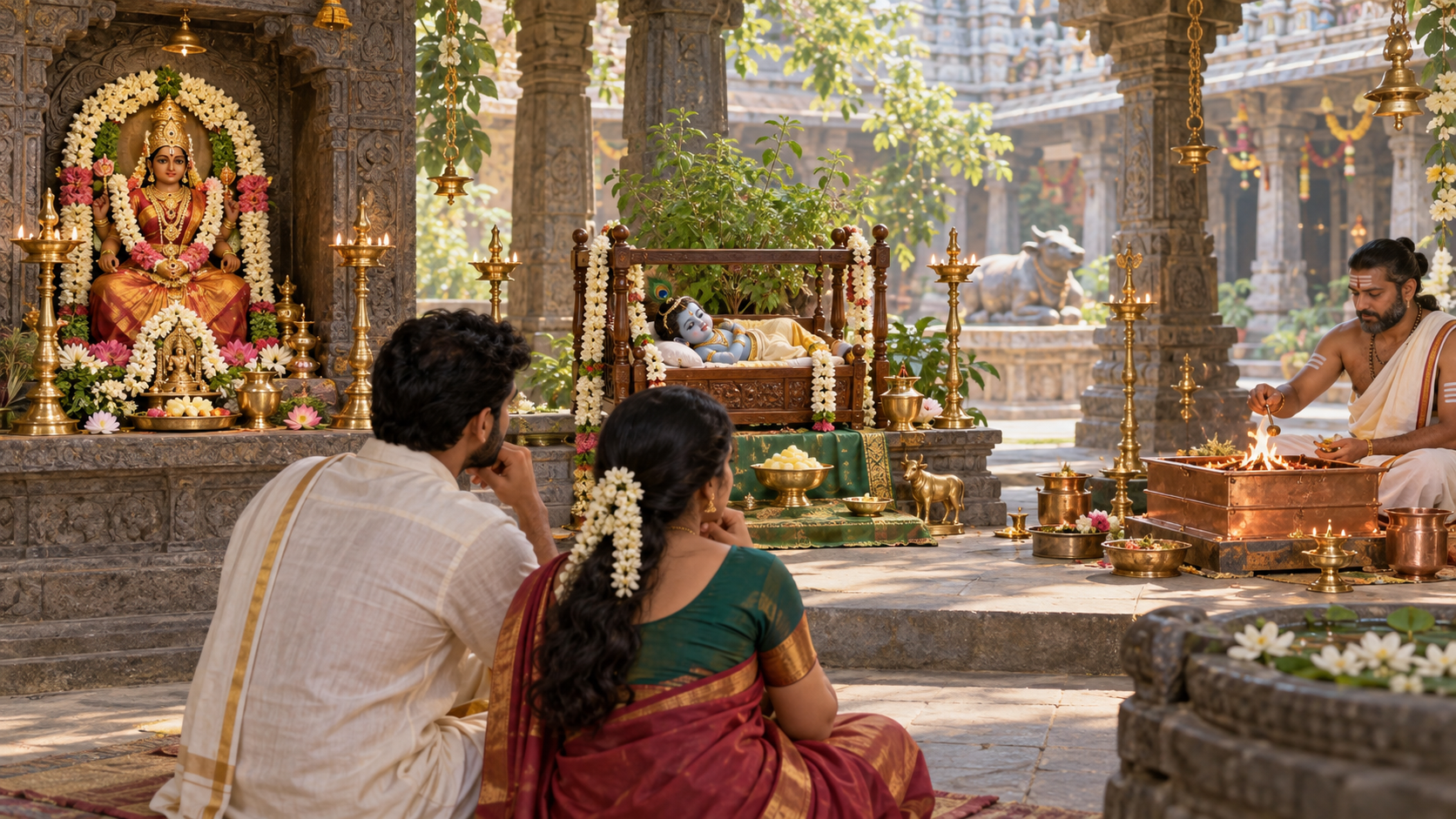 A couple considers three devotional settings: a maternal Goddess shrine, a cradle with a child Krishna icon, and a priest tending a small homam fire.