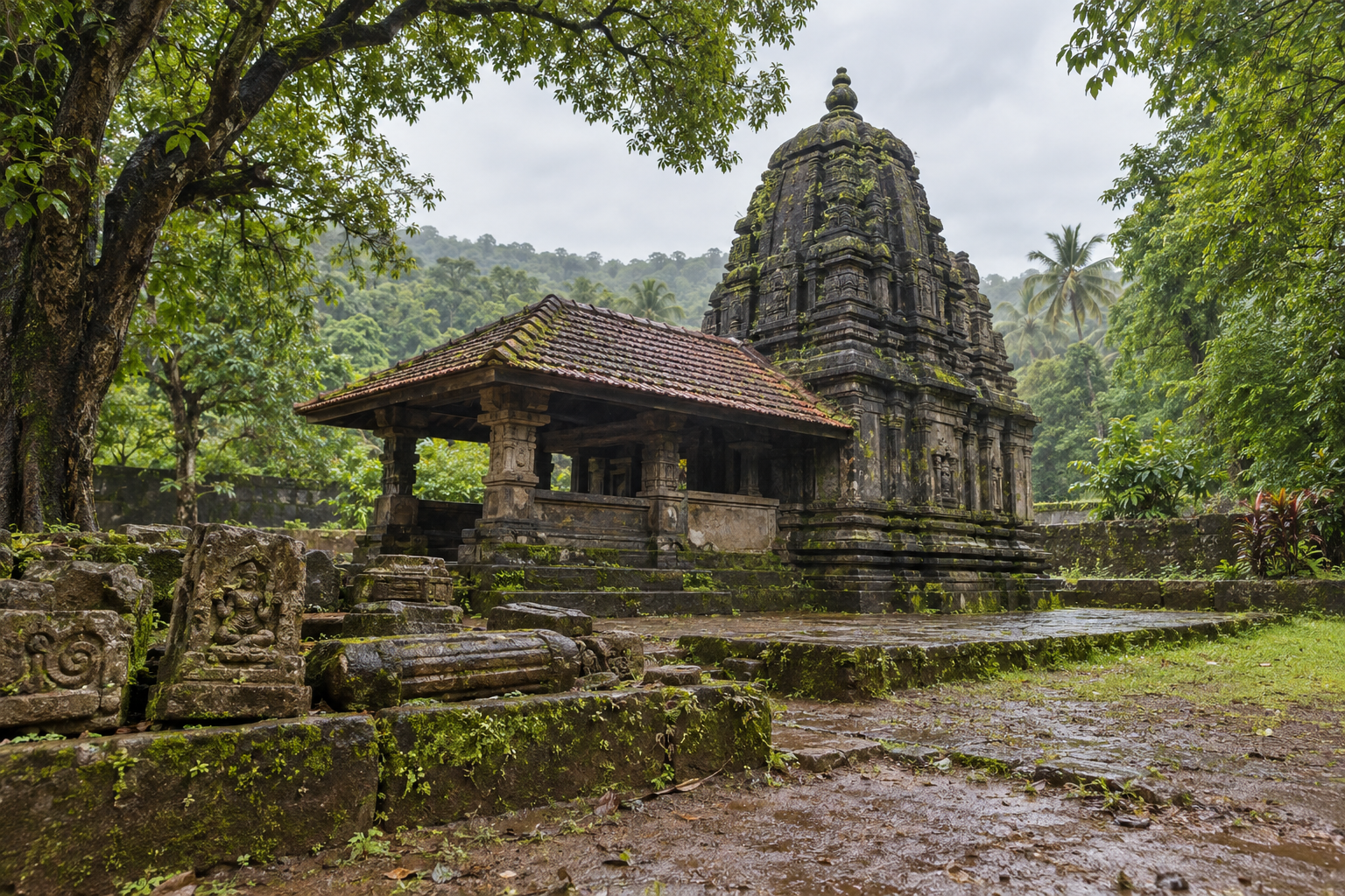 Weathered stone temple and carved remains surrounded by trees in the green Konkan landscape of Ratnagiri district.