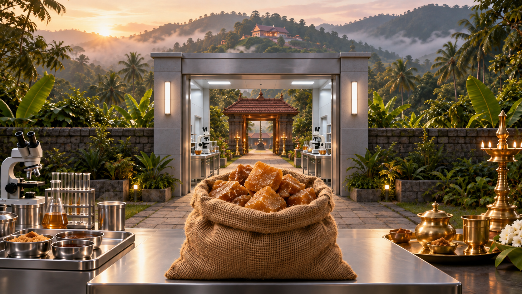A sack of jaggery on an inspection table before two gateways represented by laboratory equipment and a traditional temple threshold.