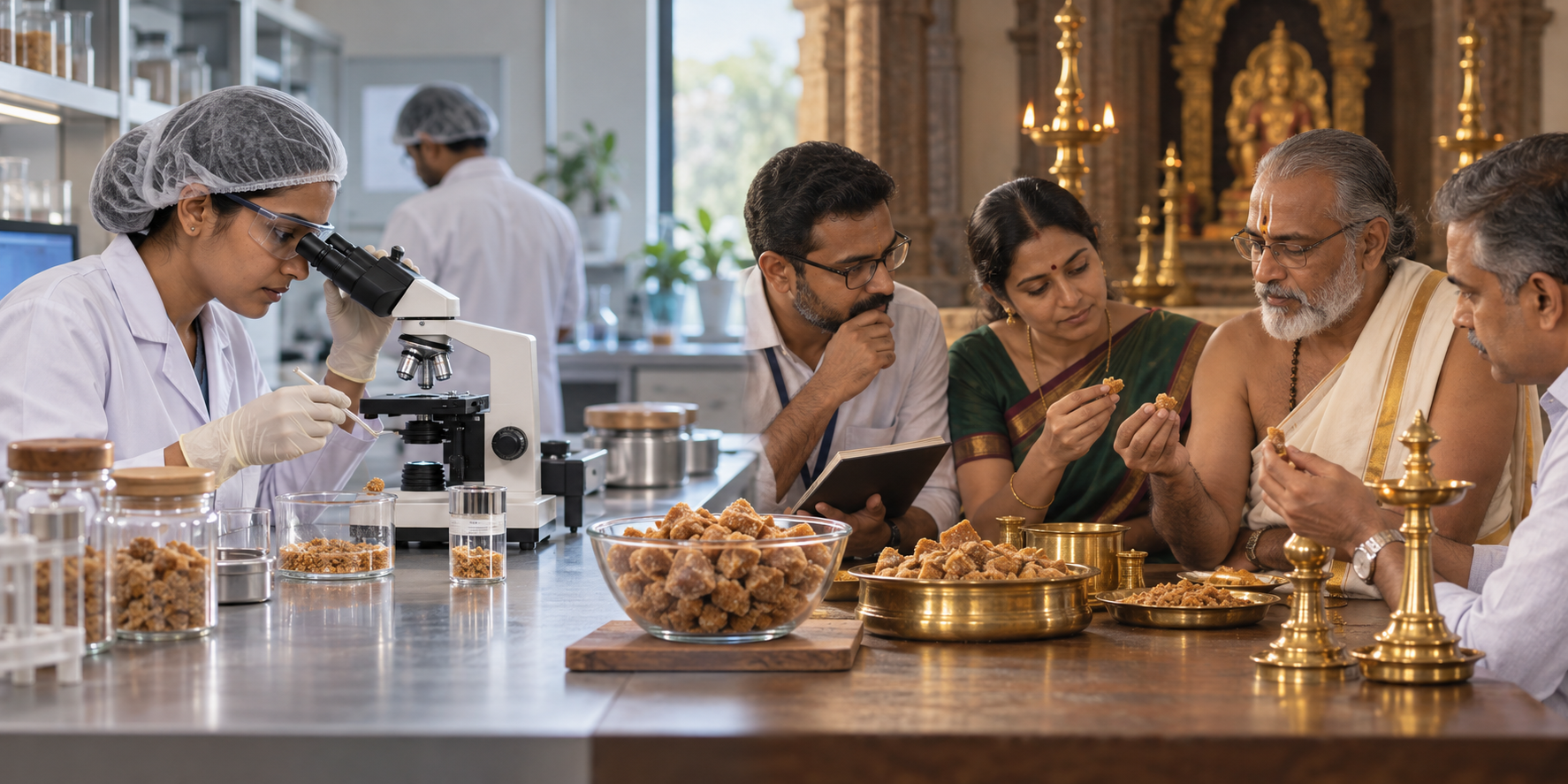 A laboratory specialist tests jaggery while a separate temple procurement committee examines the ingredient in a ritual setting.