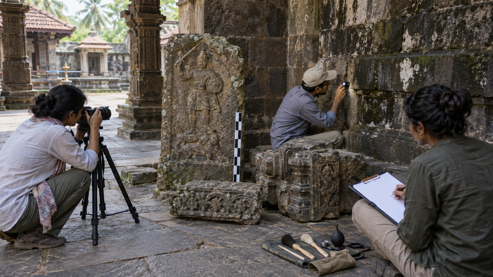 Survey specialists photograph and measure a weathered hero stone and carved fragments in a temple courtyard.