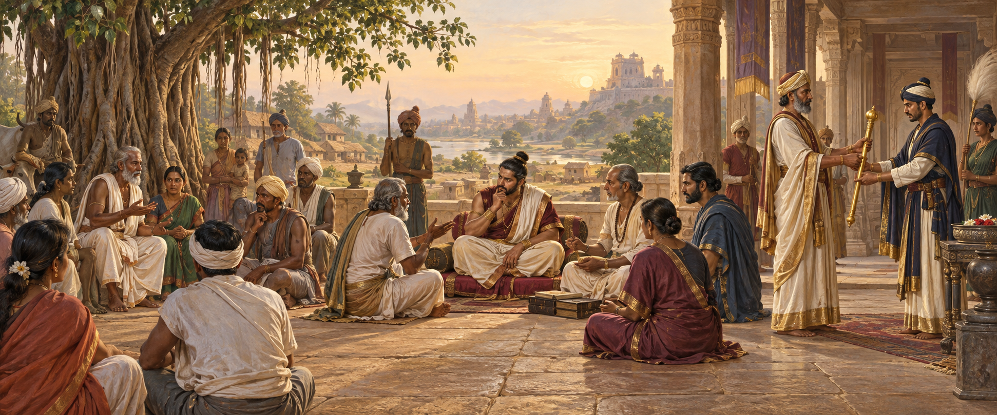 Three connected scenes show a village council under a banyan tree, a ruler hearing a public dispute with advisers, and the ceremonial transfer of a golden staff.
