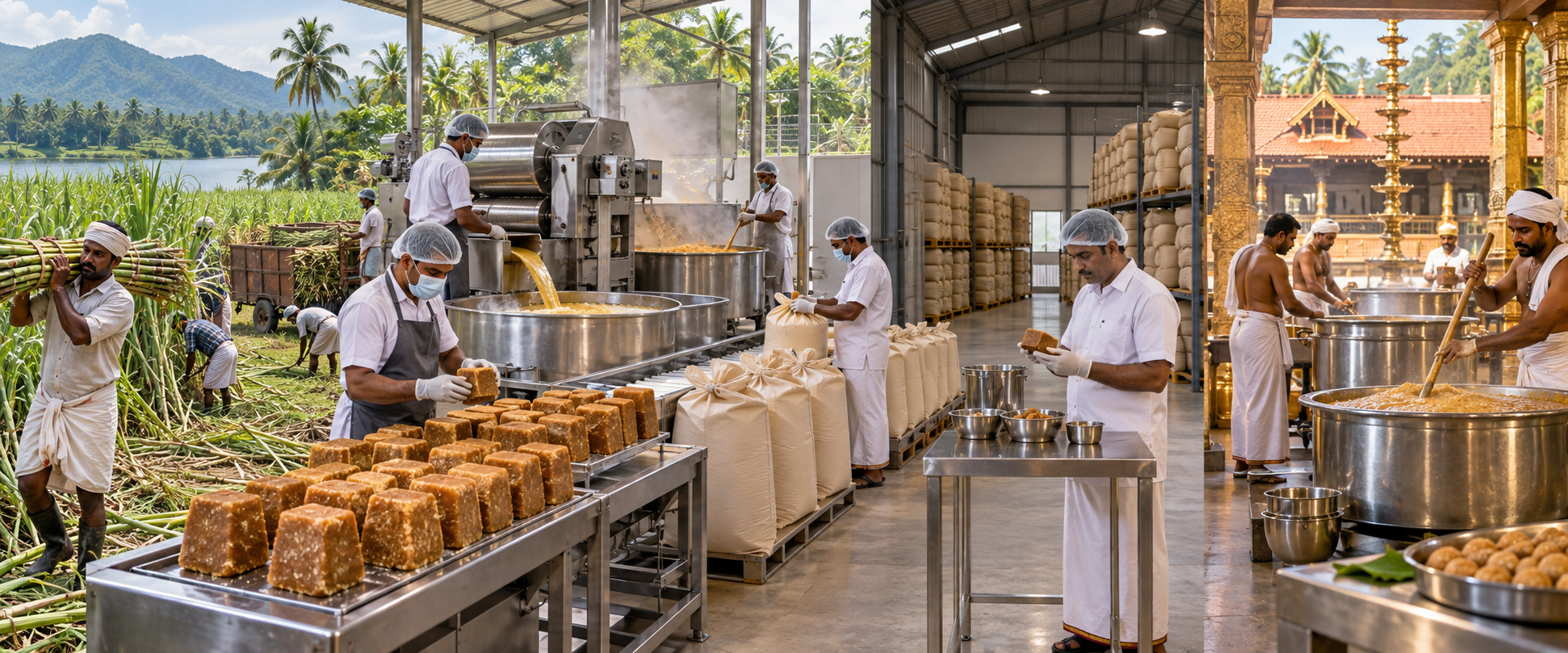 Jaggery moves from a clean processing facility through inspection and storage to a temple kitchen preparing prasadam.