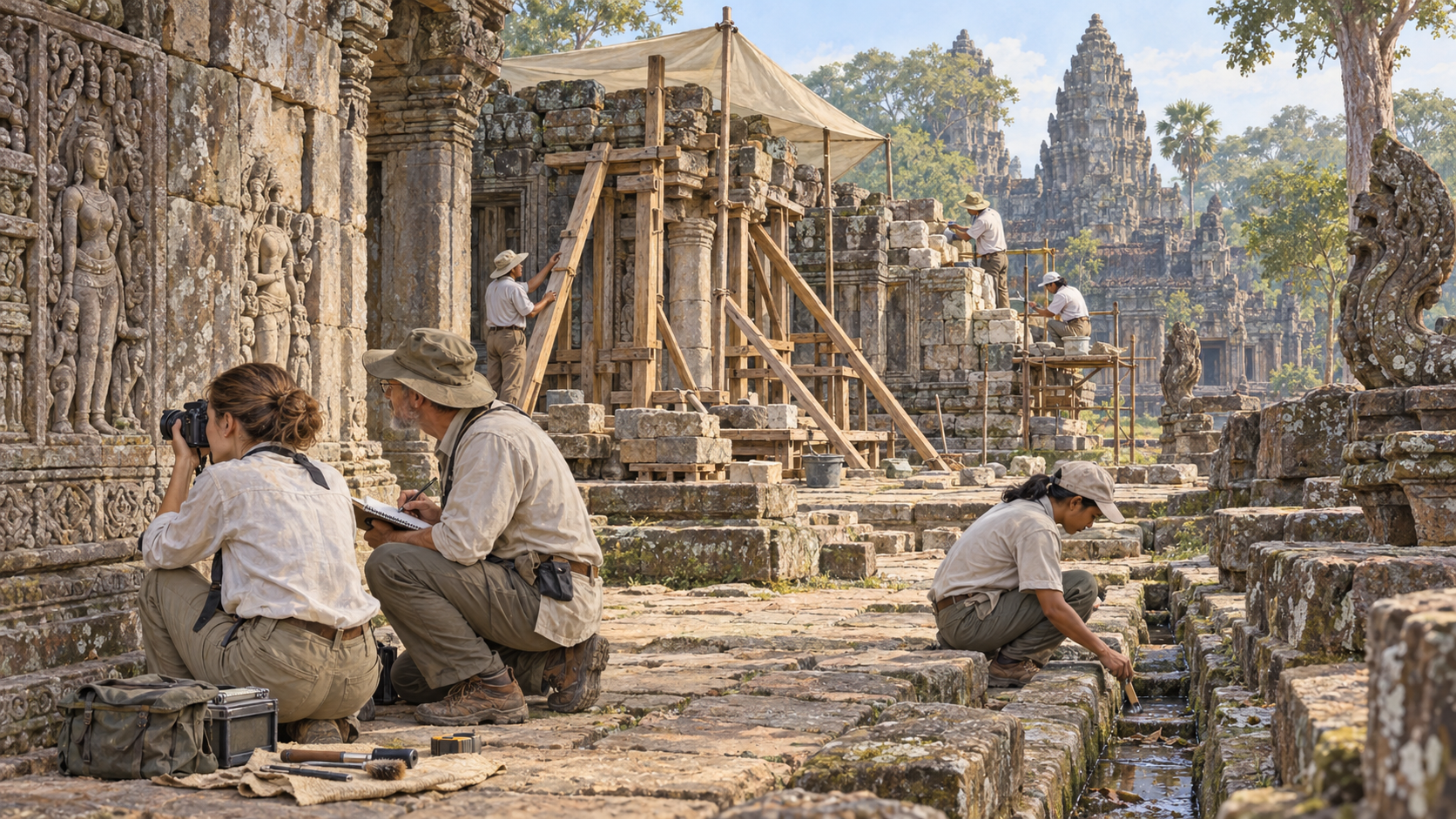 Illustrated conservation scene progressing from documentation and inspection to stabilization and careful masonry repair.