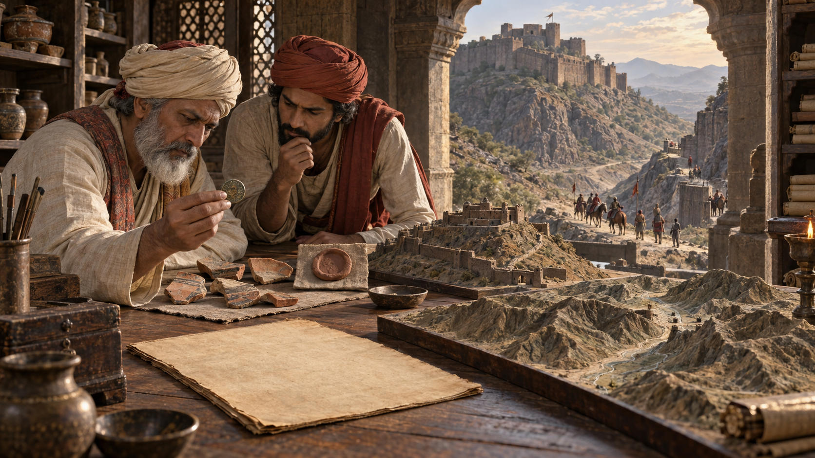 Two historians examine coins, pottery, a seal, a manuscript leaf, and a fort model while a hill fort and distant riders are visible through an arch.