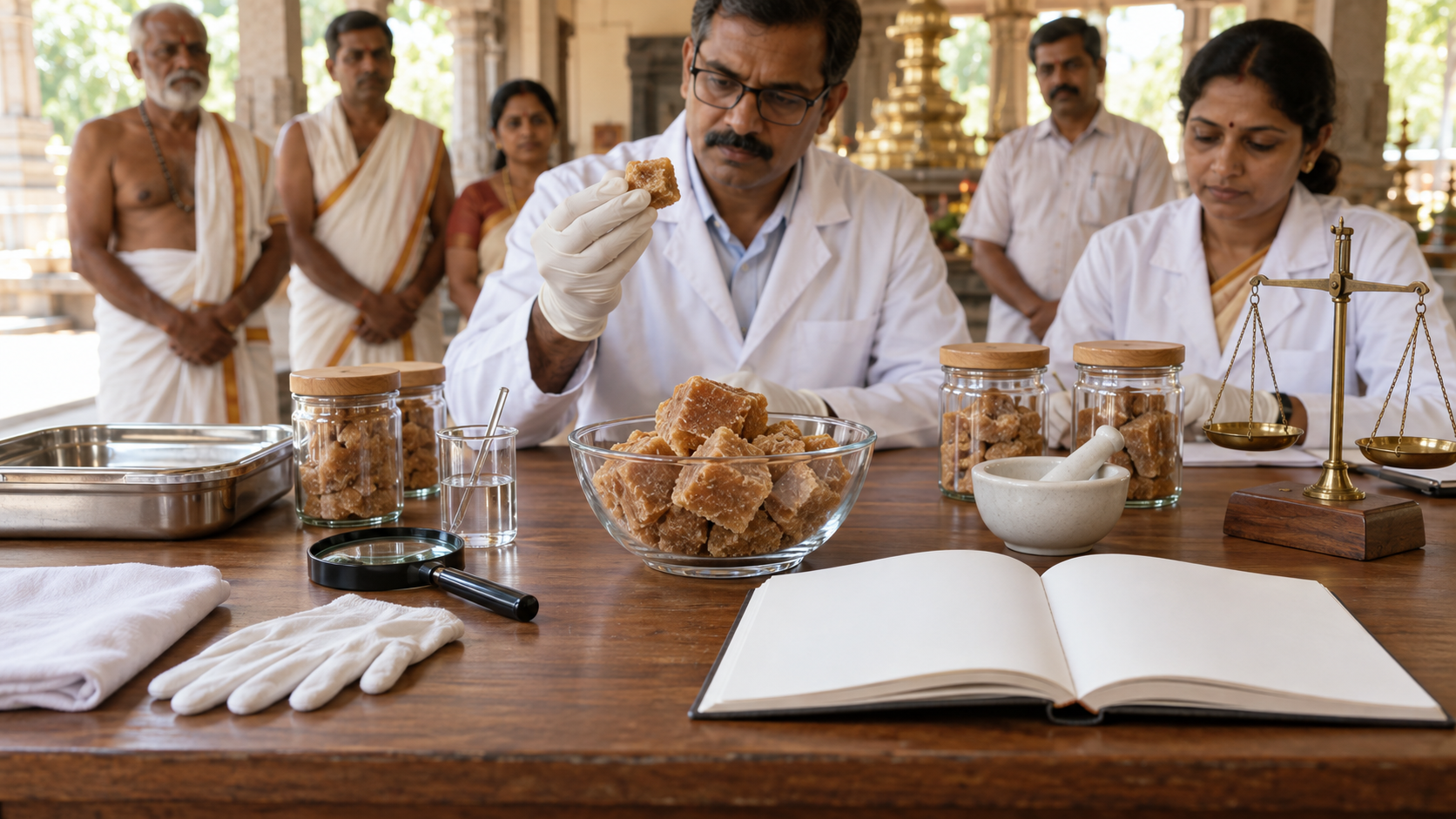 An orderly review table holds a jaggery sample, testing tools, sealed containers and a blank record book as observers stand behind it.