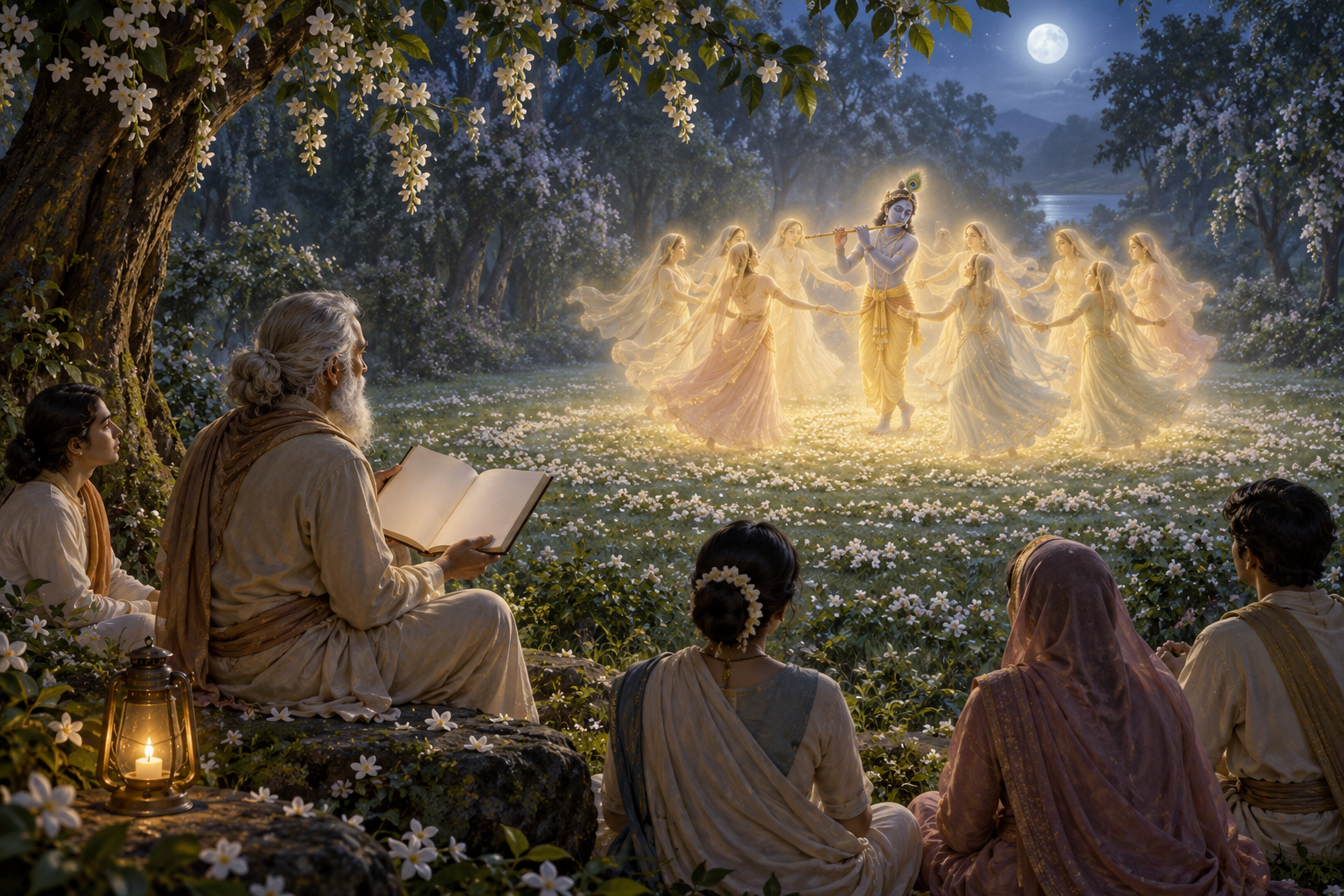 Seated devotees contemplate a softly luminous vision of Krishna and the gopis dancing in a moonlit forest clearing.