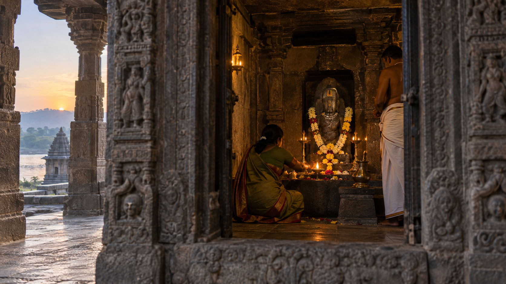 A worshipper offers flowers and an oil lamp inside a weathered historic stone temple at dawn.