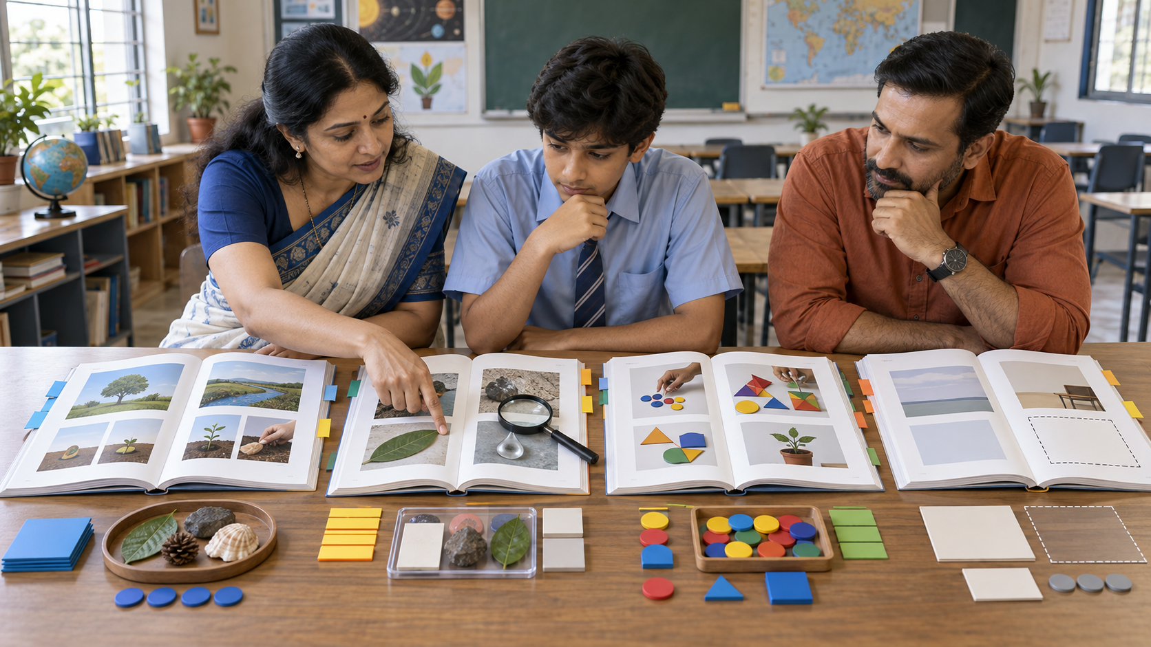 A teacher, parent, and student review several open textbook spreads using colored tabs, a magnifying glass, counters, and organized groups of materials.