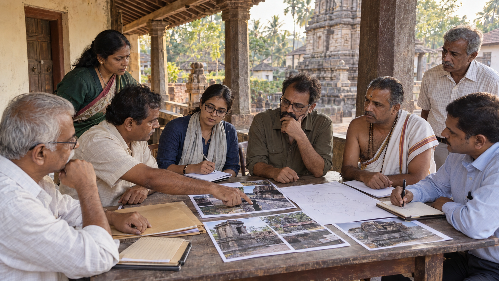 Residents, temple caretakers, conservation specialists and an official discuss site photographs at a heritage meeting.