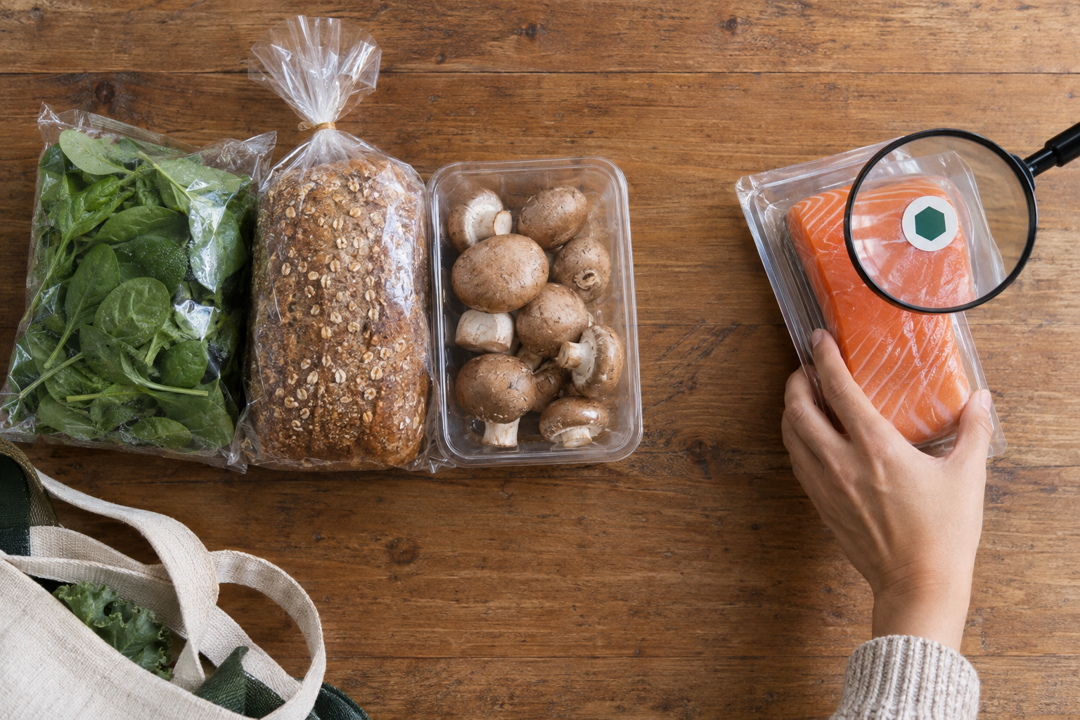 A hand separates one sealed grocery package from three unbranded alternatives while a magnifying glass rests over the seal.