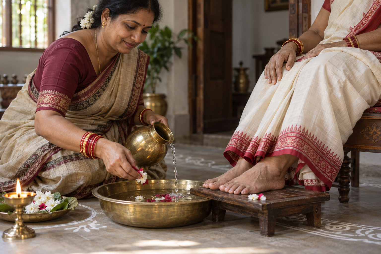 One woman gently pours water over a seated woman's feet beside flower petals and a brass oil lamp during the puja.
