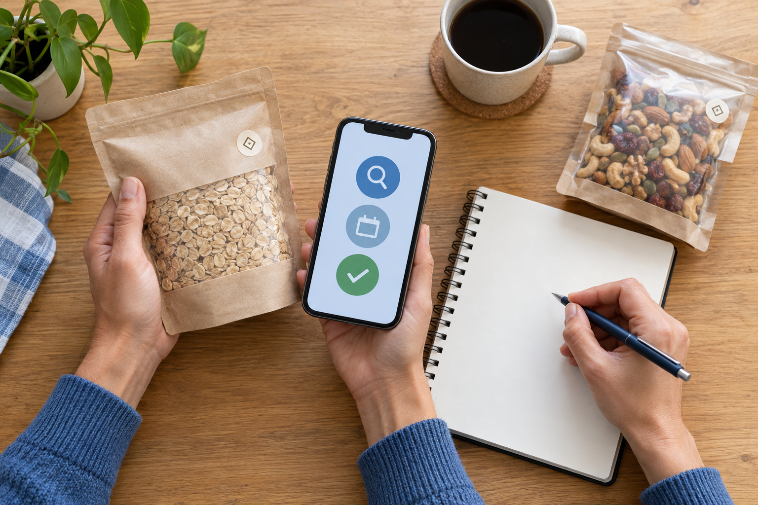 A consumer checks an unbranded food package with a smartphone beside a magnifying glass, blank notebook, and alternative product.