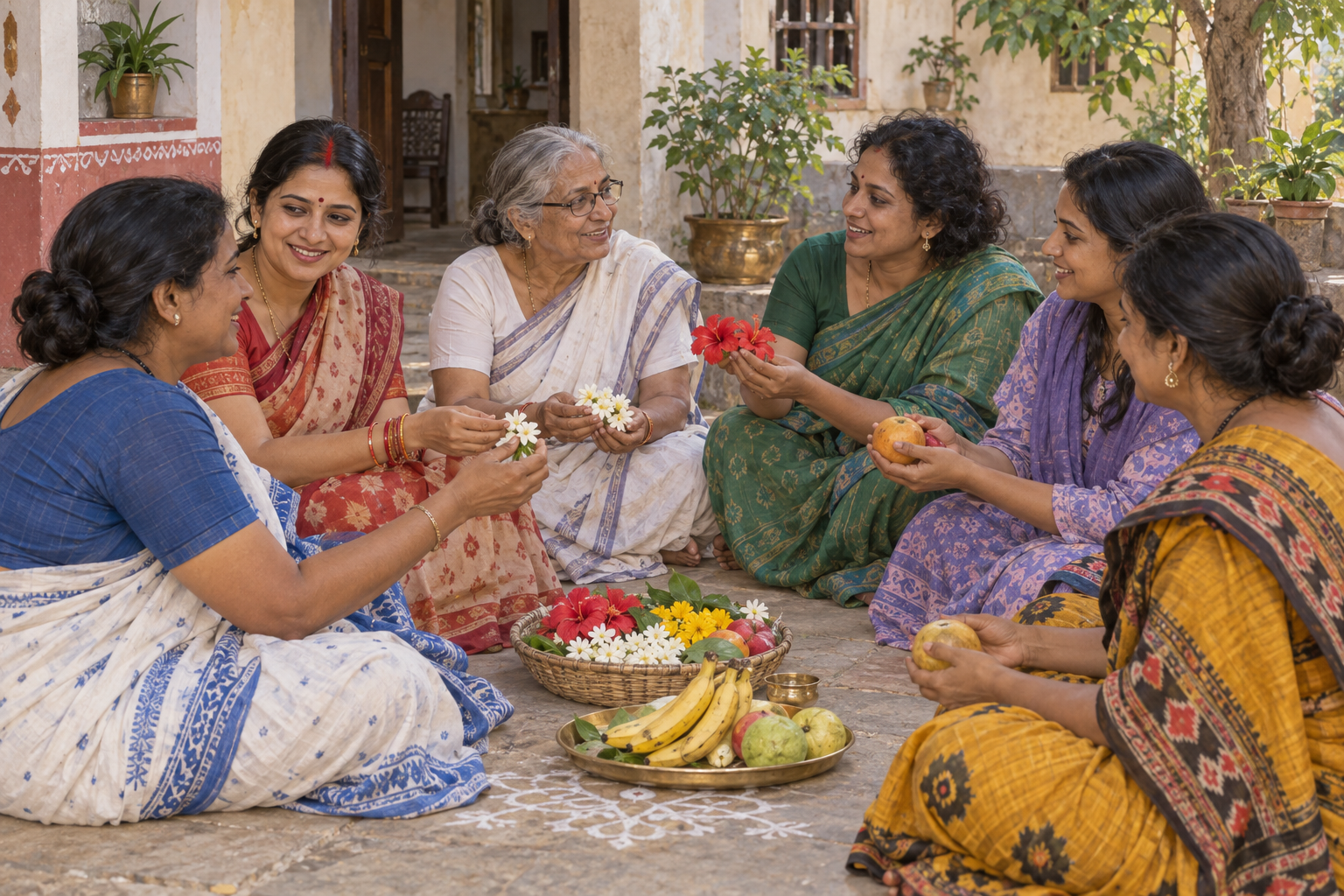 Women of different ages sit together at the same level in a courtyard, sharing flowers, fruit, and conversation after a household ritual.