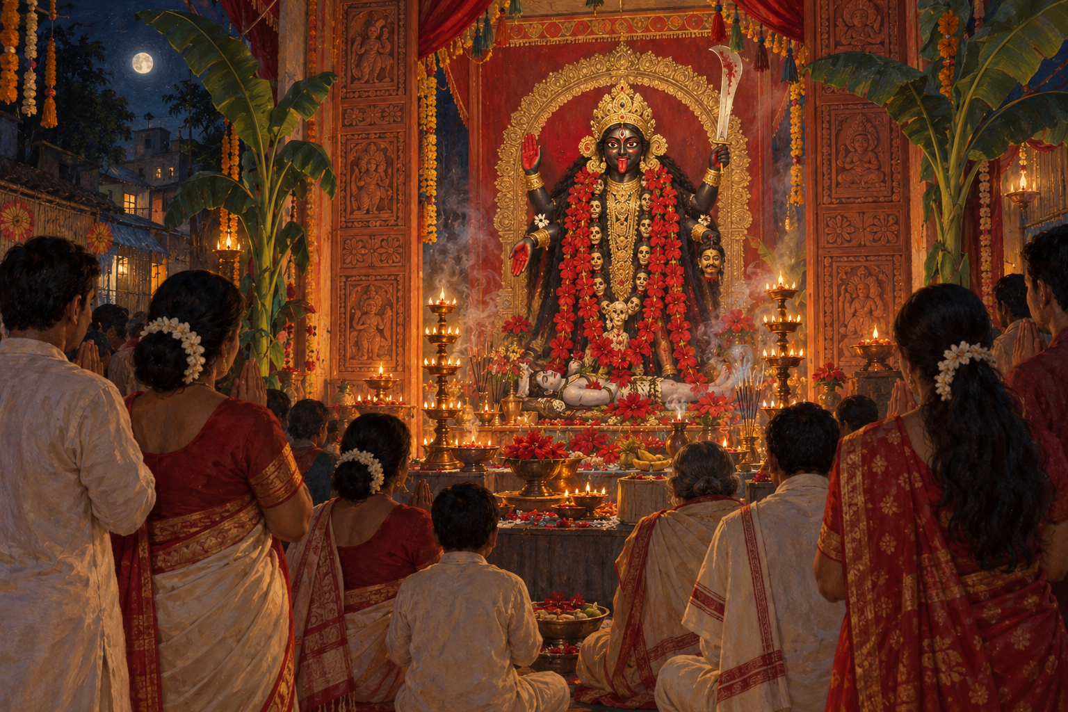Bengali worshippers pray before a hibiscus-decorated Shyama Kali murti in an oil-lamp-lit neighborhood pandal at night.