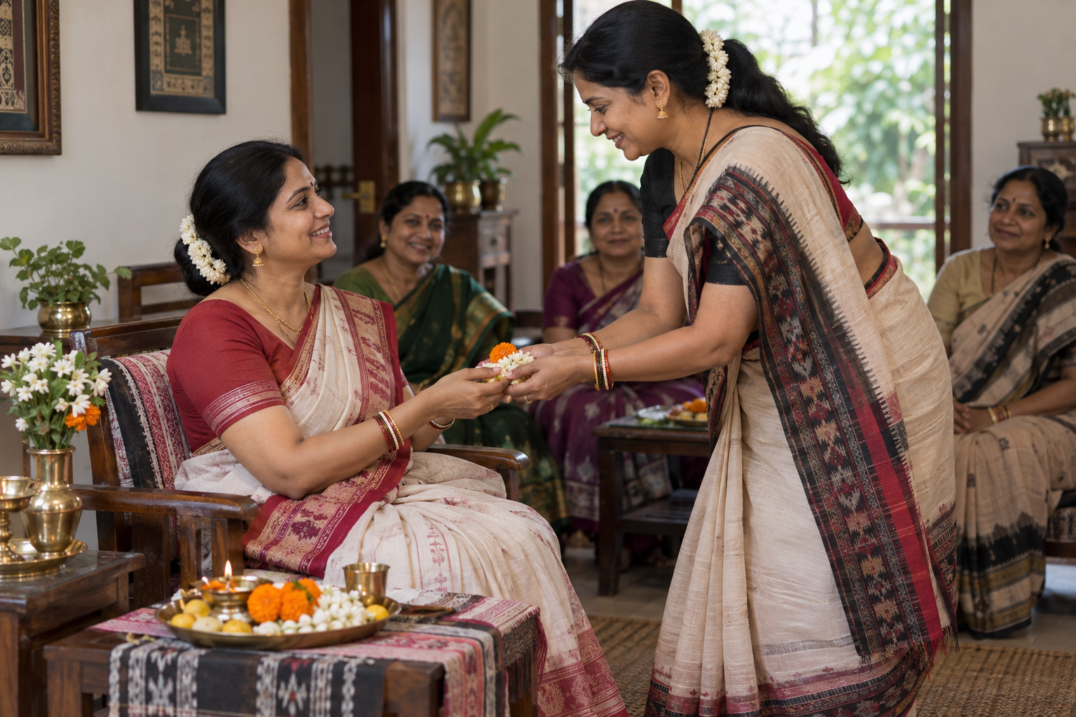 A host and the honored woman exchange flowers and make eye contact while relatives sit nearby in a calm household puja setting.