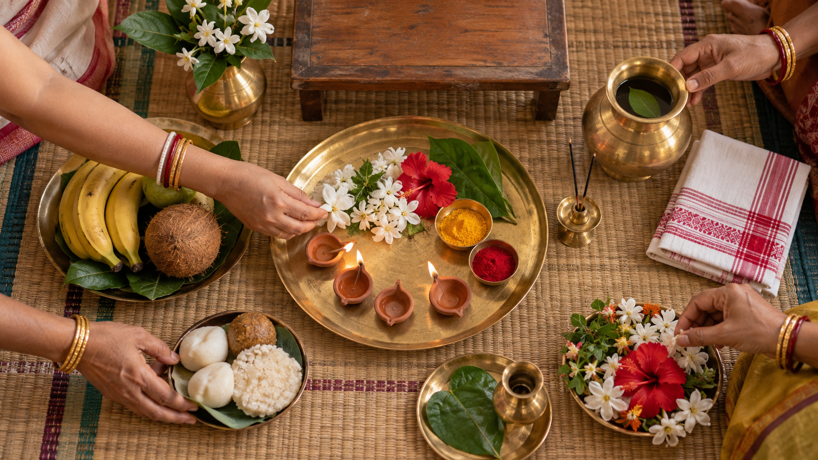 Family members arrange a low seat, brass vessels, lamps, flowers, fruit, powders, and folded cloth for a household Sadhaba Puja.