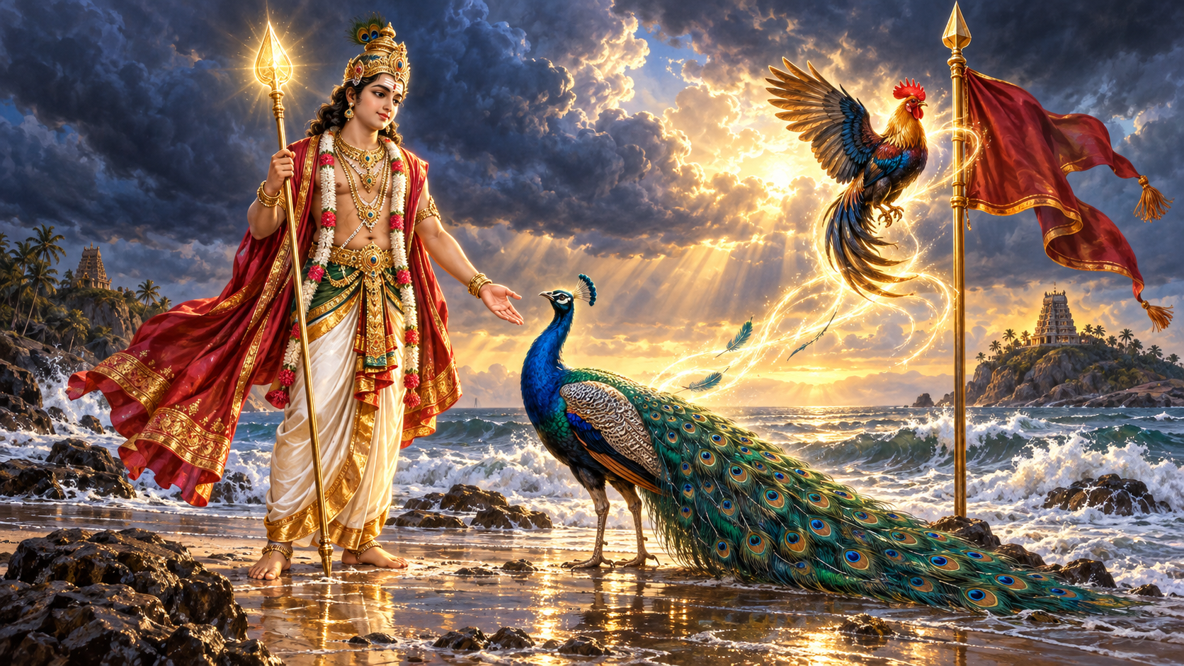 Murugan holds the vel as Surapadman's defeated power transforms symbolically into a peacock and a rooster emblem by the sea.
