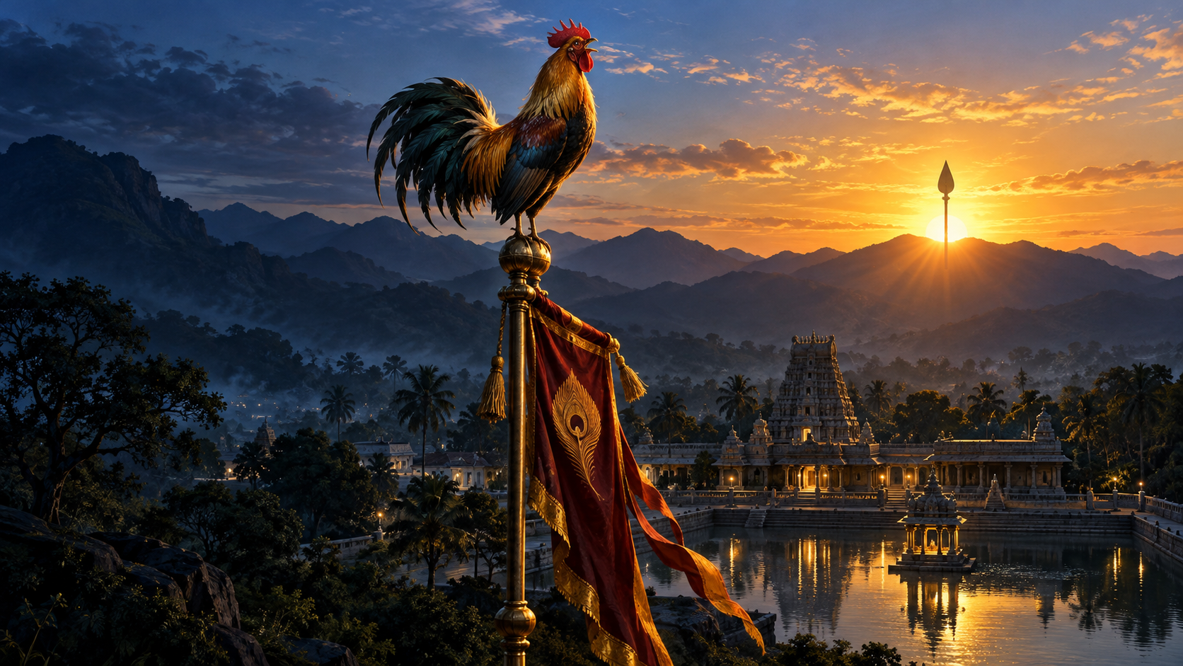 A rooster crows from a ceremonial banner as the sun rises behind a vel and a South Indian temple.
