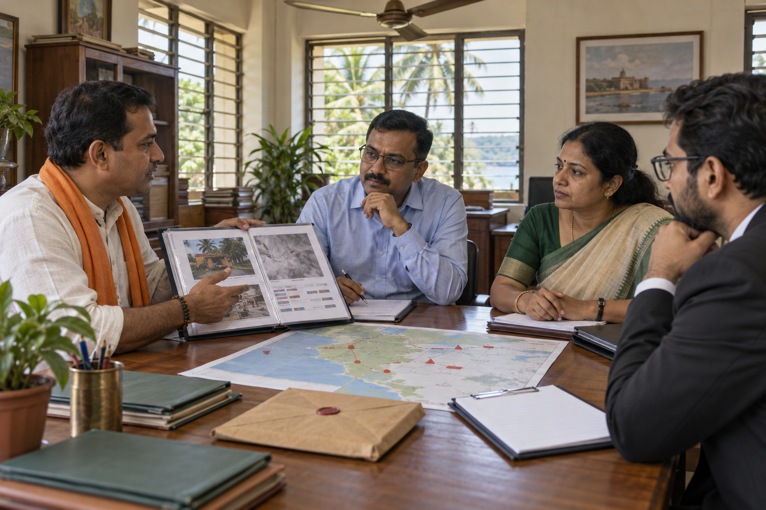 A community delegate presents an organized evidence folder to civil officials and a legal observer in a Goan government office.