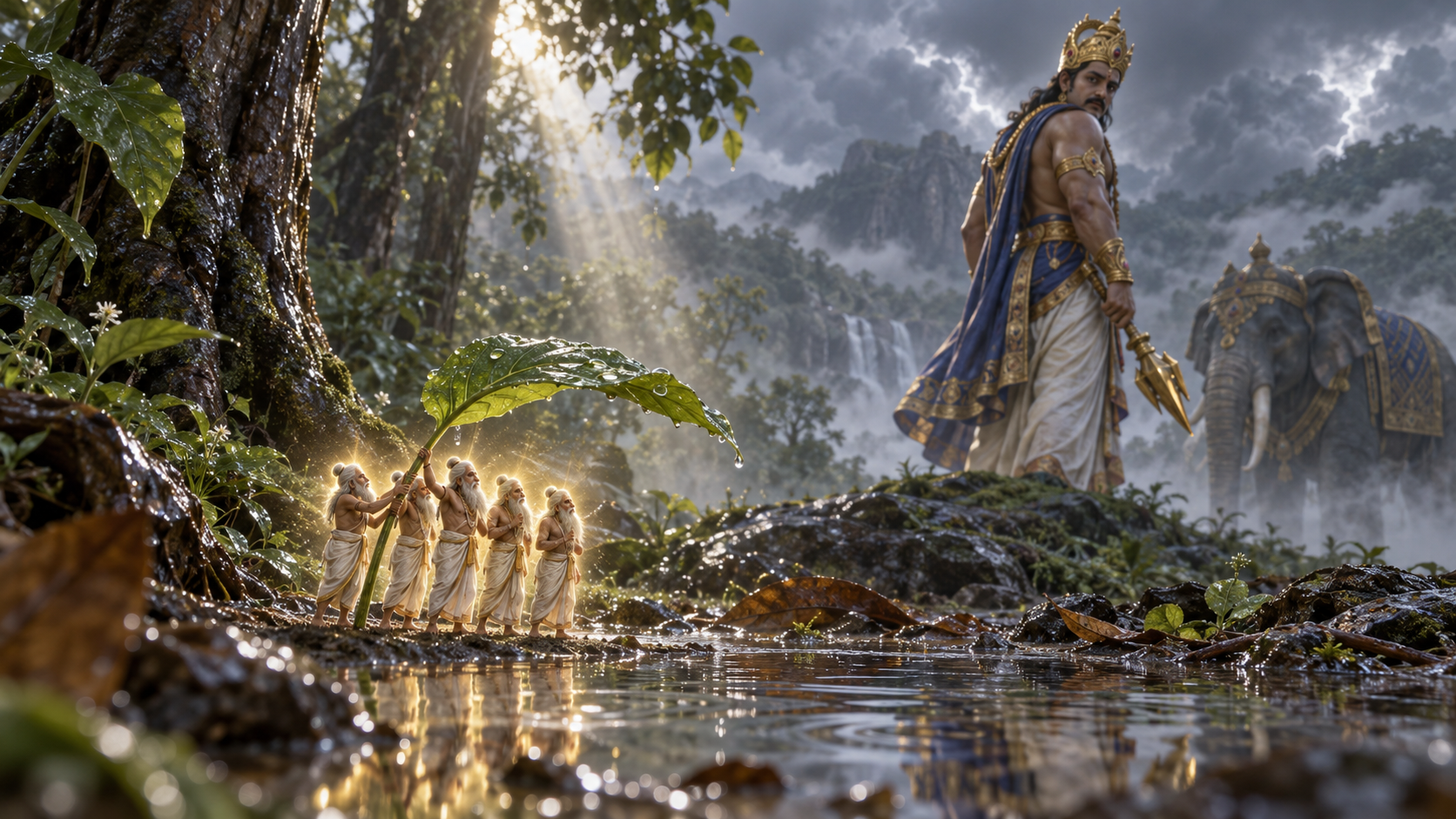 Indra looks uneasily toward the tiny Valakhilya sages beside a forest puddle as they carry a leaf stalk and glow with spiritual energy.