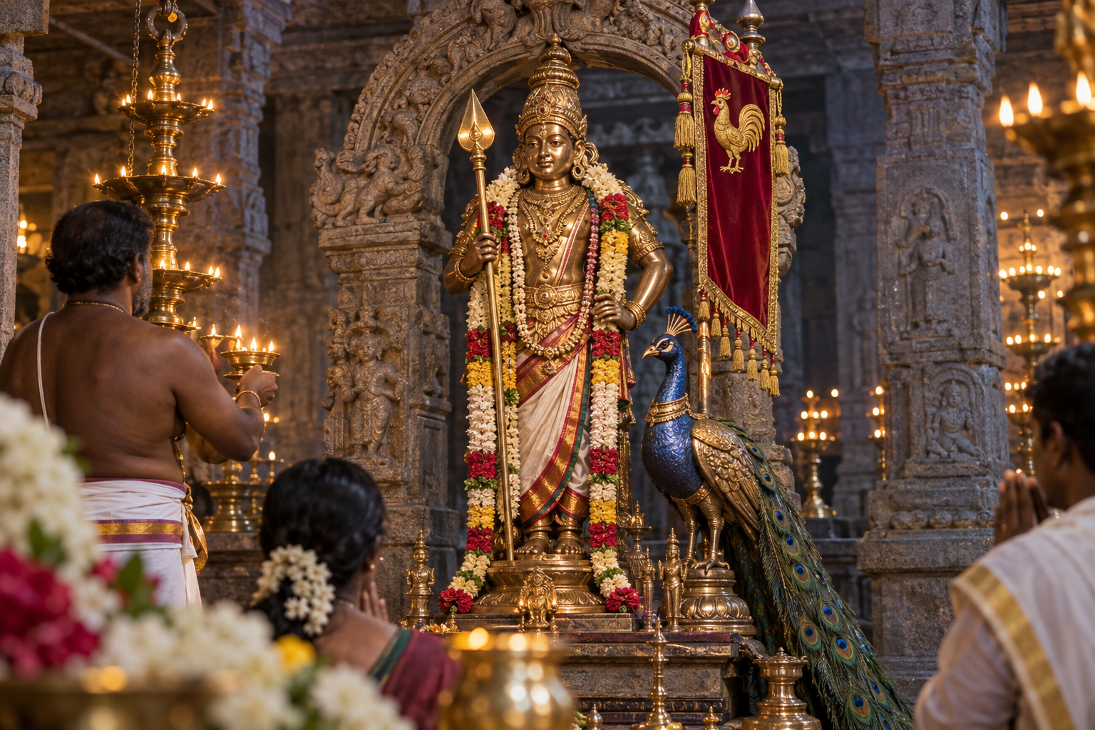 A bronze image of Murugan with a vel, peacock and rooster banner stands among oil lamps inside a stone temple.