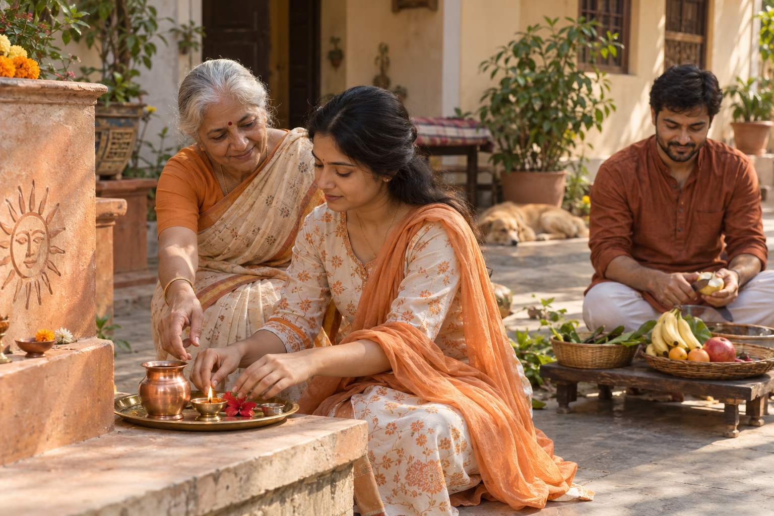 An elder guides a younger family member as they arrange a worship tray with a copper vessel, flowers, lamp, and fruit in a home courtyard.