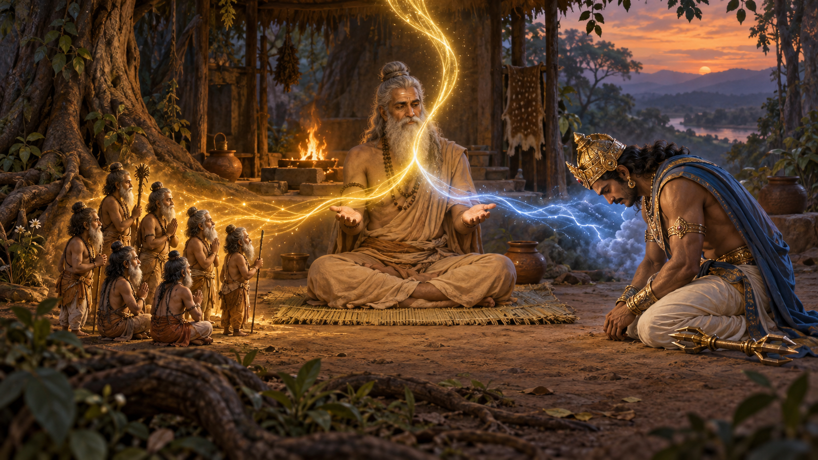 Kashyapa mediates between the tiny Valakhilya sages and a kneeling Indra as blue and amber light merge above his open hands.