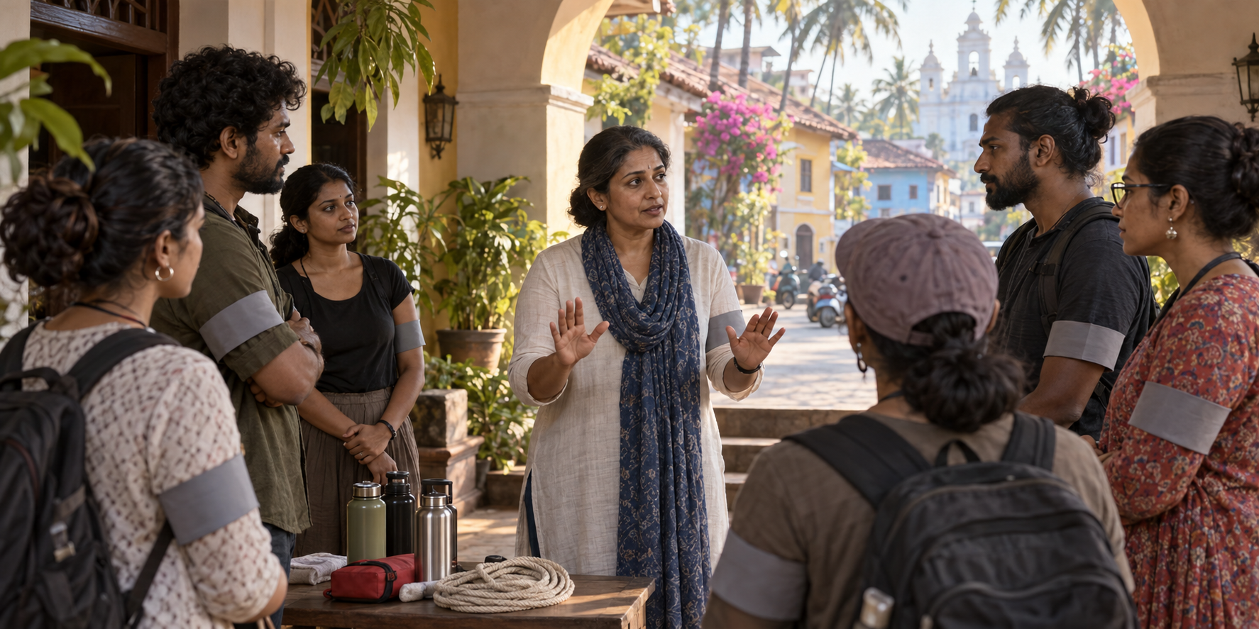 Volunteer marshals practice calm de-escalation in a Goan courtyard before attending a public gathering.