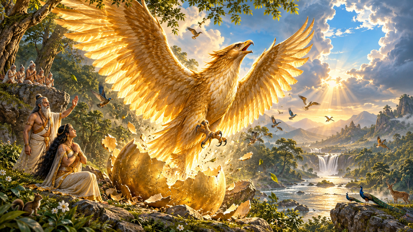 Garuda emerges from a golden egg with immense wings spread as Vinata, Kashyapa and the small Valakhilya sages witness his radiant birth.