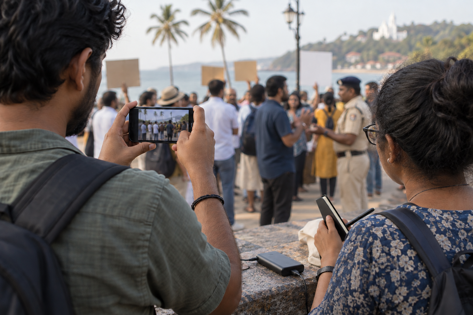 Two observers carefully record a peaceful gathering in Goa with a smartphone and notebook while participants remain in the background.