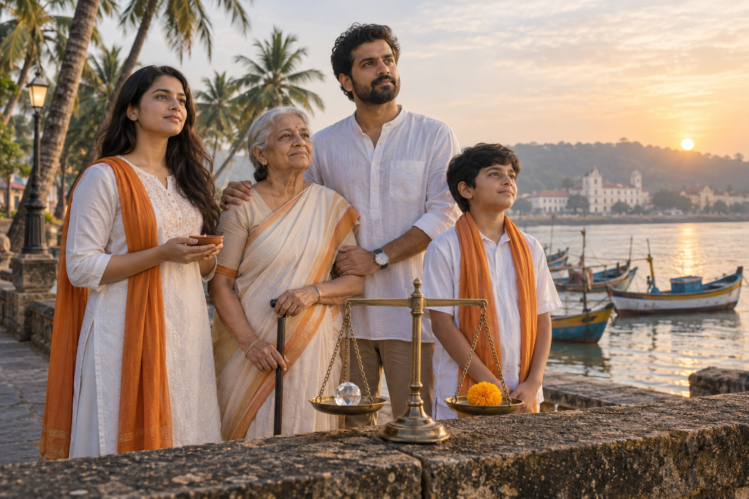 Four people stand beside a balanced scale holding a clear crystal and a marigold on a quiet Goan riverside promenade.