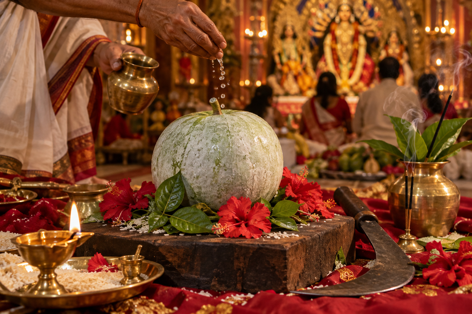 A priest sprinkles water over an ash gourd surrounded by ritual vessels, flowers, leaves, rice, a lamp, and a ceremonial blade.