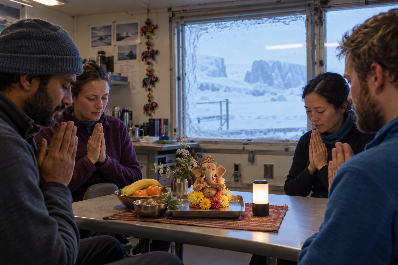 Researchers gather around a modest Ganesha figure and simple offerings inside an Antarctic station common room.