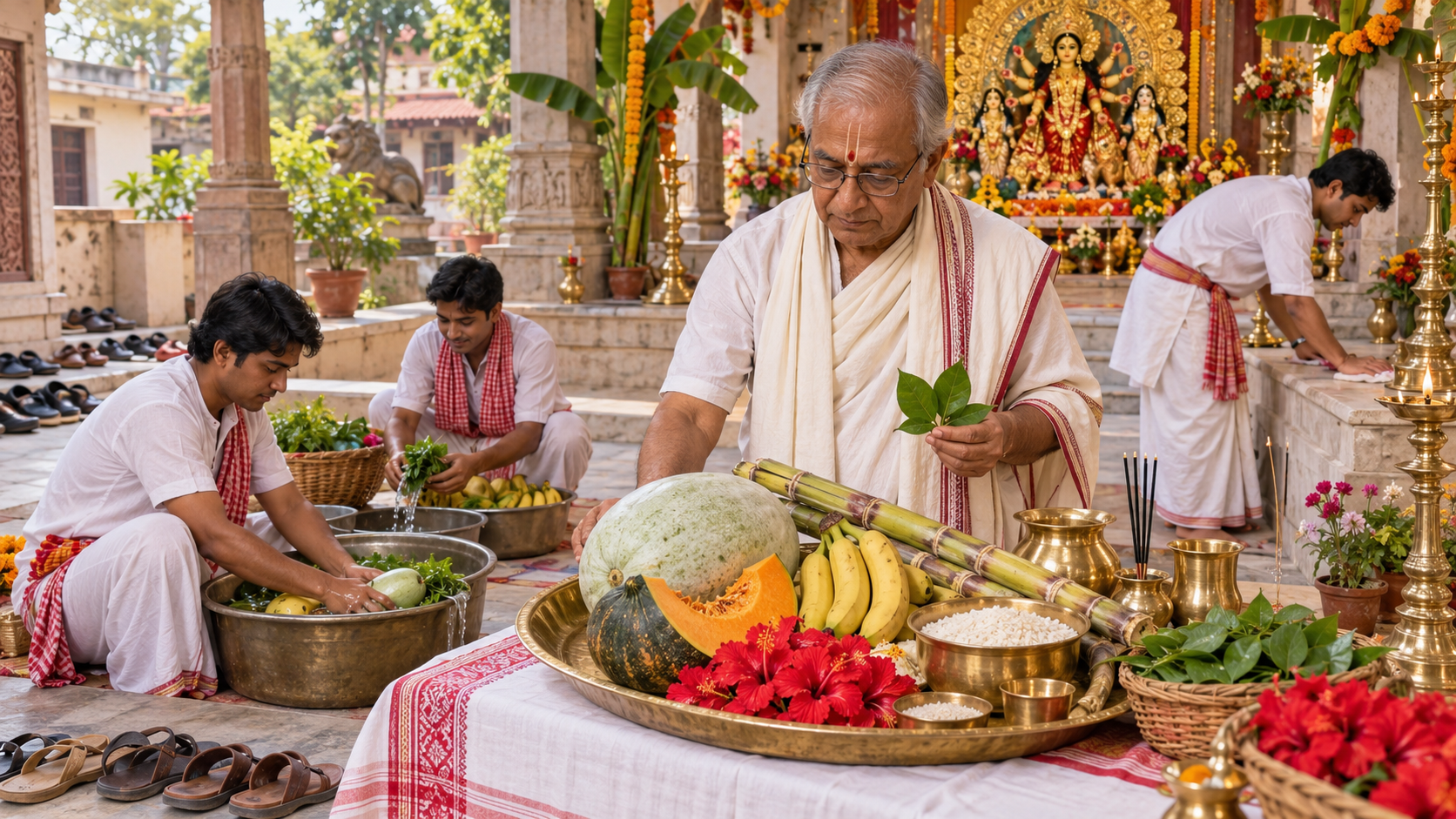 A priest and volunteers prepare vegetables, fruit, flowers, leaves, and brass vessels for a vegetarian Durga Puja offering.